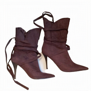 Anne Michelle Brown Slip On Faux Fur Lace Up Pointed Ankle Boots - Size 8.5